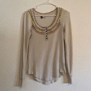 Embroidered scoop neck Henley thermal cream